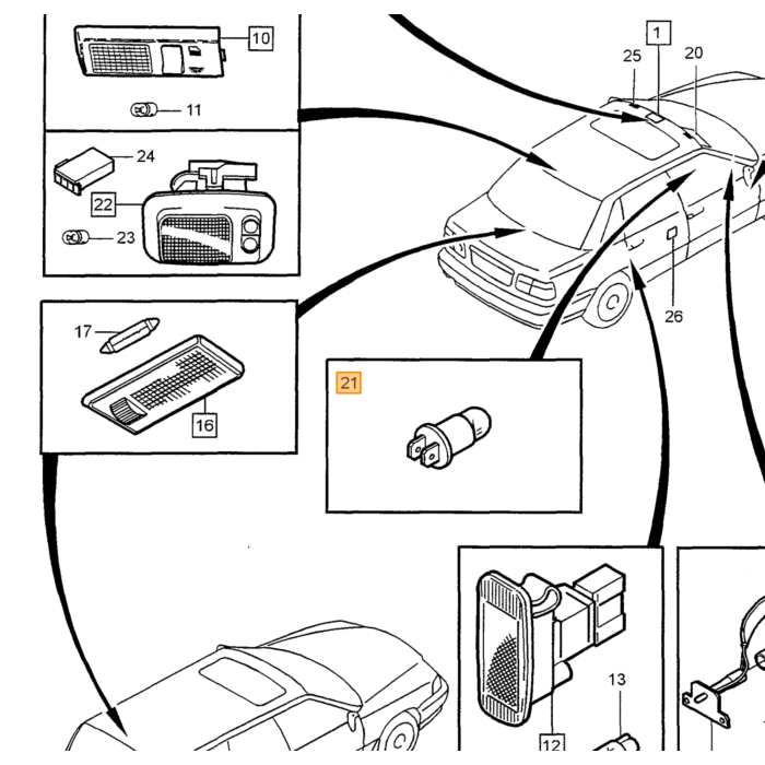 Volvo Bombilla con casquillo 1.2W Cuadro de instrumentos Cenicero Interruptores Volvo 700/850/900/V70/S70/C70/S90/V90/XC70 Volvo repuesto no 3545170