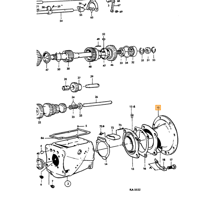 Flens intermedio de caja de cambios M41 para Volvo con soporte de rodamiento y rodamiento, overdrive tipo D, número de pieza Volvo 380434.