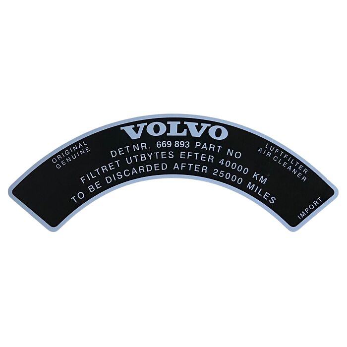 Pegatina Volvo para filtro de aire 669893 B18A Zenith VN36, número de pieza Volvo 669893S