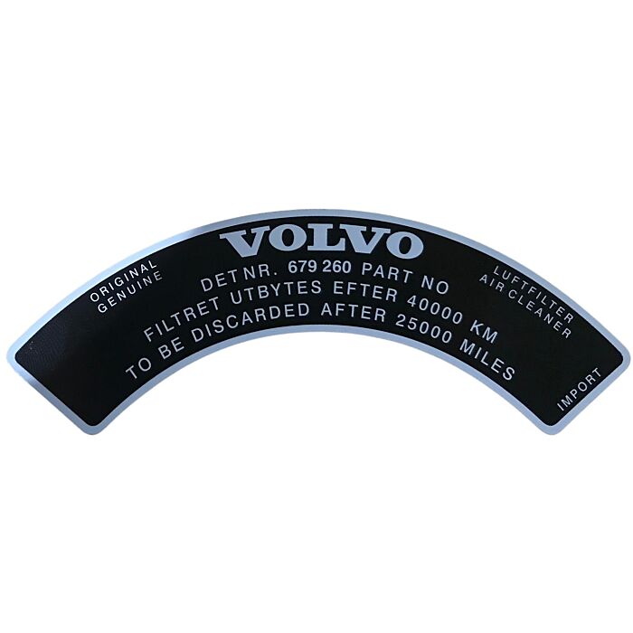 Pegatina Volvo para filtro de aire 679260 B18A Stromberg, pieza Volvo número 679260S