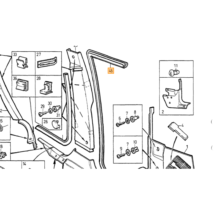 Volvo Goma puerta delantera izquierda 740+760+940+960+S90+V90 (3518265)(3528740) Volvo repuesto no 6848632