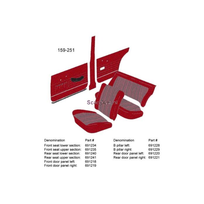 Bekleding Amazon 4 deurs achterbankhoes SET !zitting+rug rood 1967-1968 183-145 incl 692097