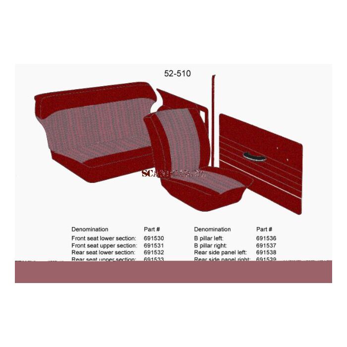 Bekleding PV544 deurpaneel rood links 1965-1966 52-510 SET incl 691535 rechter paneel