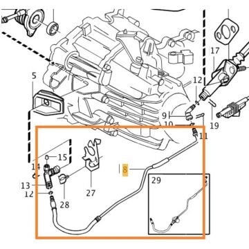 Koppelingsleiding op Hoofdkoppelingcilinder 5-CYL benzine M56 Volvo  S60 (-2009)  S80 (-2006)  V70 P26 (2001-2007) metalen leiding met flexibel eindstuk