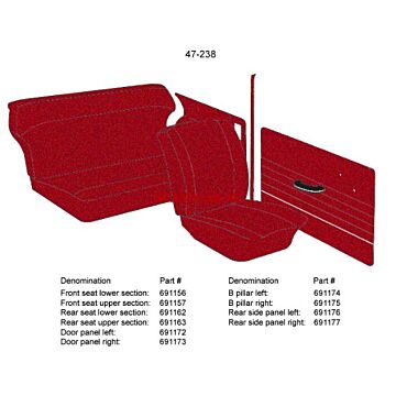 Revestimiento Volvo PV544 B estilo derecho rojo 1963-1964 código 50-240 número de pieza Volvo 691175