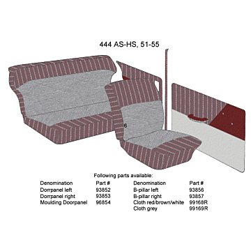 Bekleding PV444 zijpaneel links achter boven rood/grijs type AS-HS 1951-1955 93 107 SET incl R 95043