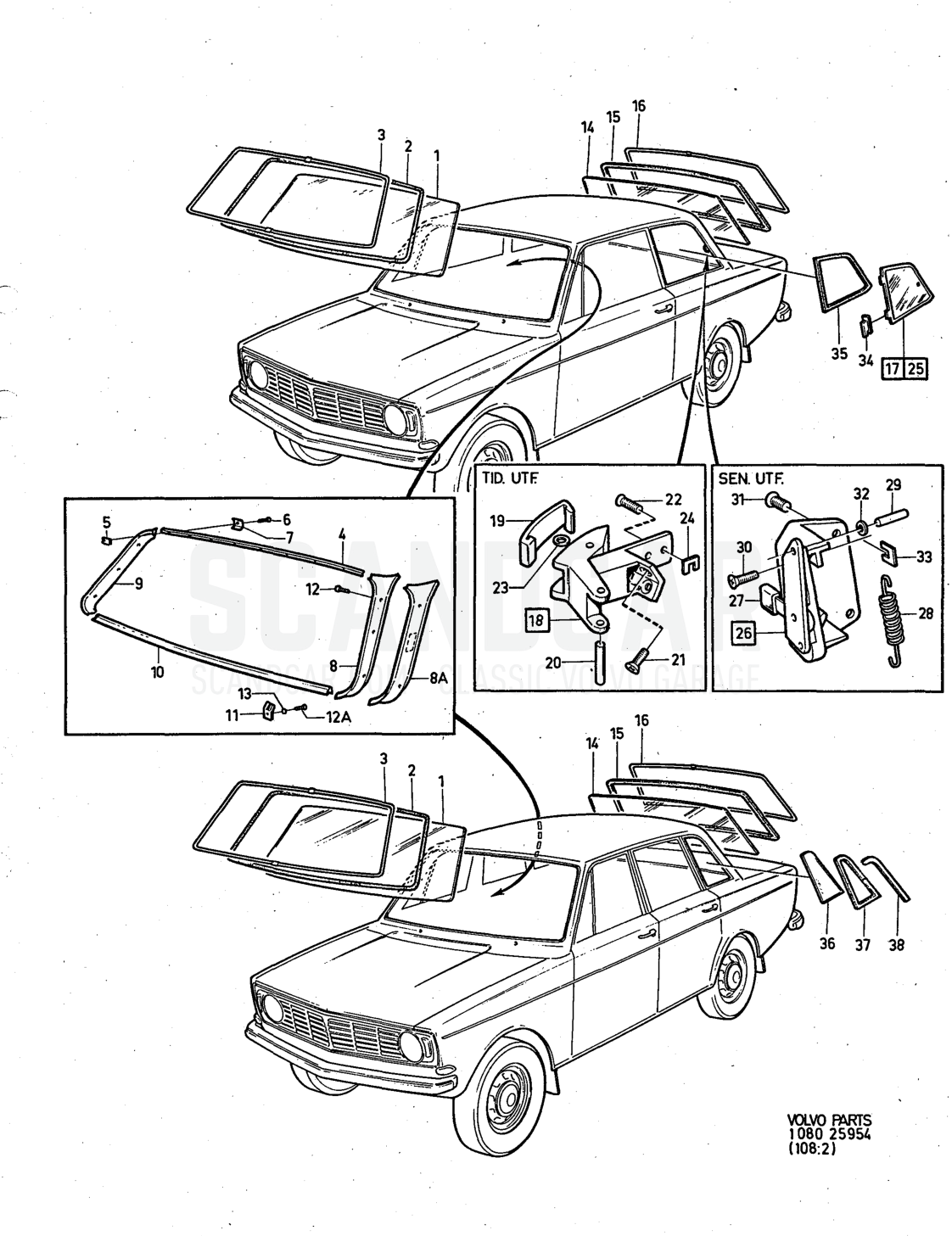 rear window, Illustration quarter windows Sats Kit - despiece, Otras piezas, Volvo serie 140 hasta 1972