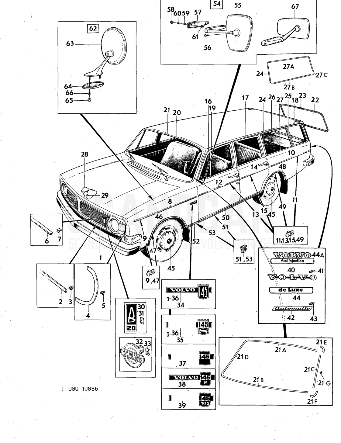 trim Illustration rear view mirror Sats Kit - despiece, Otras piezas, Volvo serie 140 hasta 1972