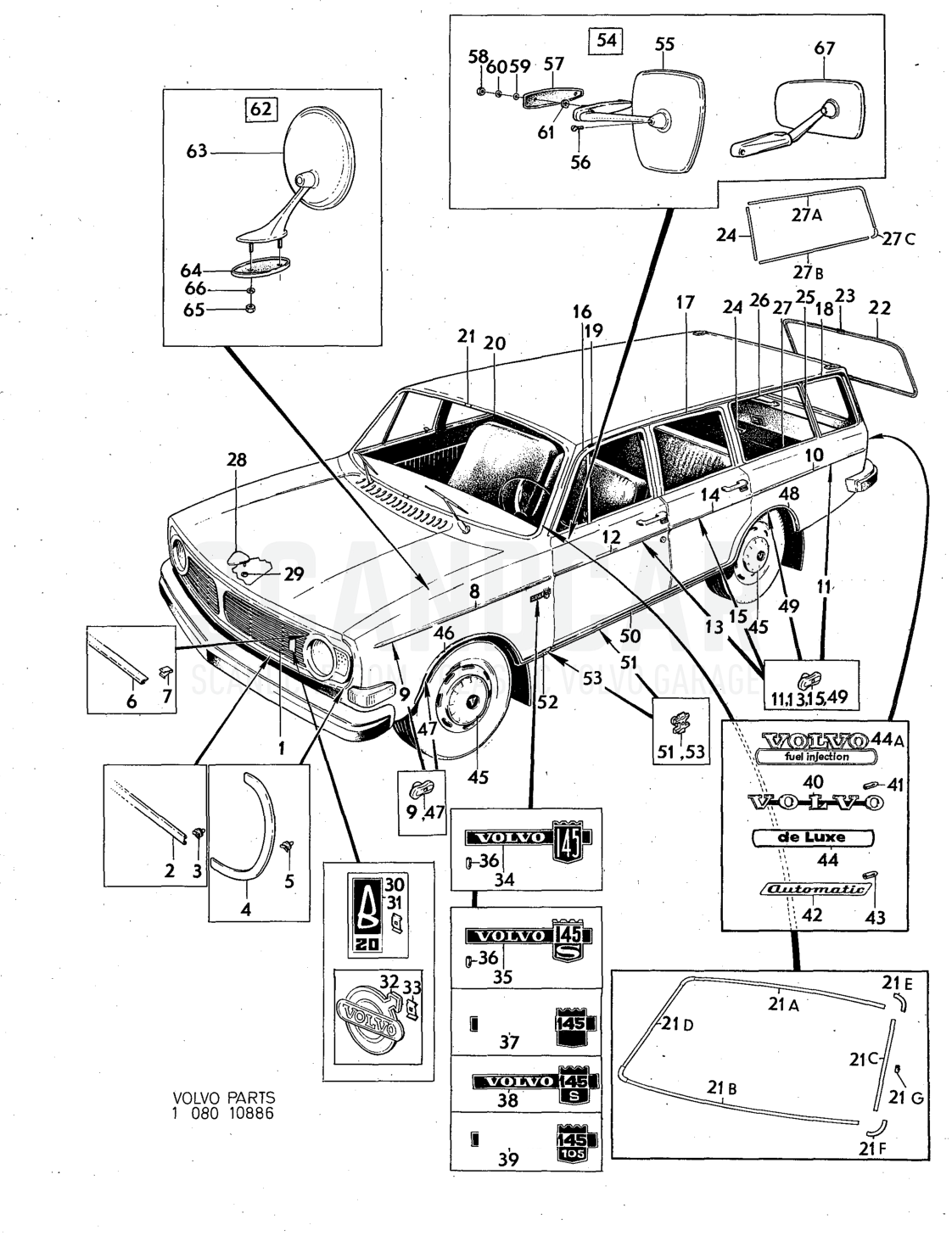 trim Illustration rear view mirror Sats Kit - despiece, Otras piezas, Volvo serie 140 hasta 1972