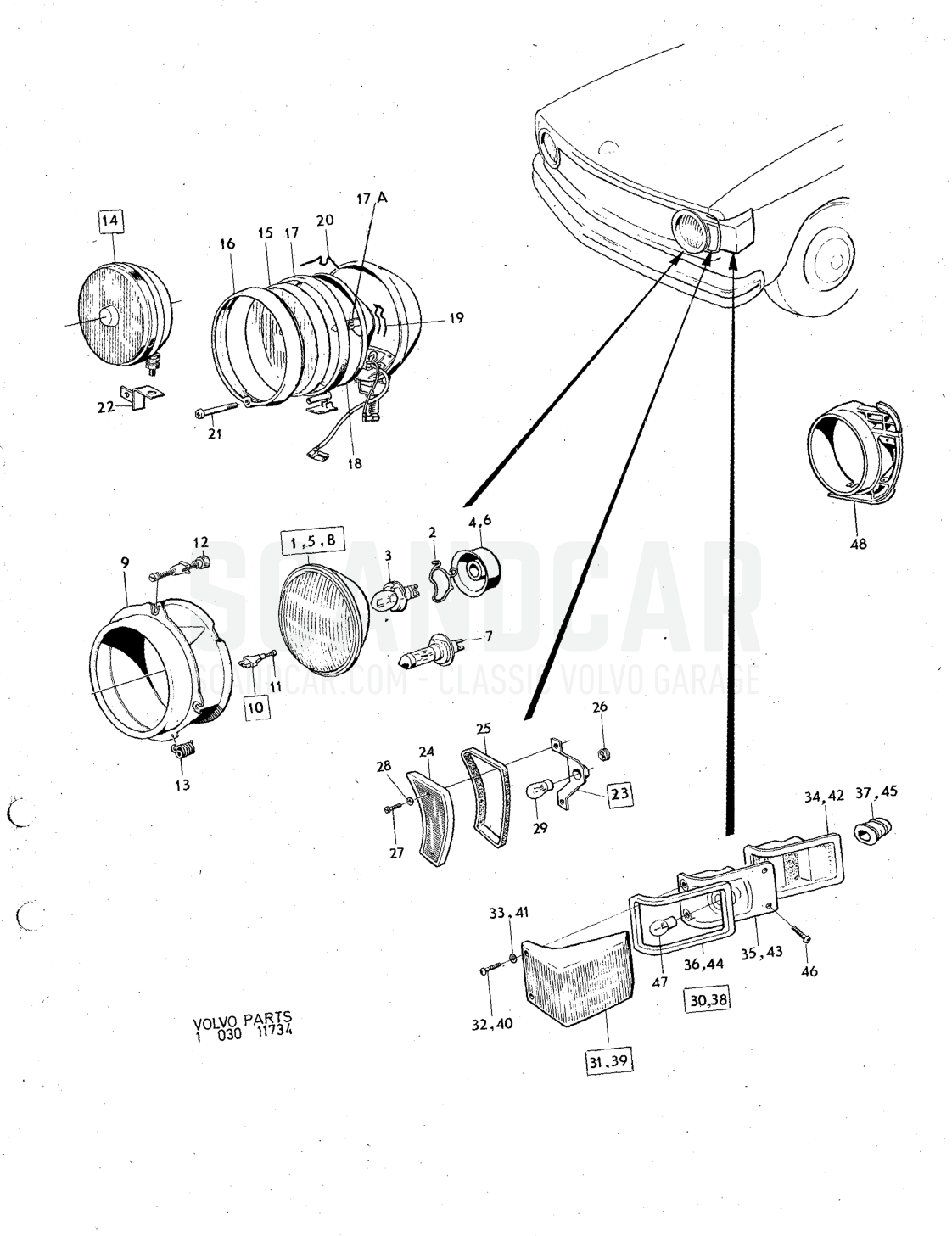 Lighting equipment - despiece, Equipo eléctrico, Volvo serie 140 desde 1972