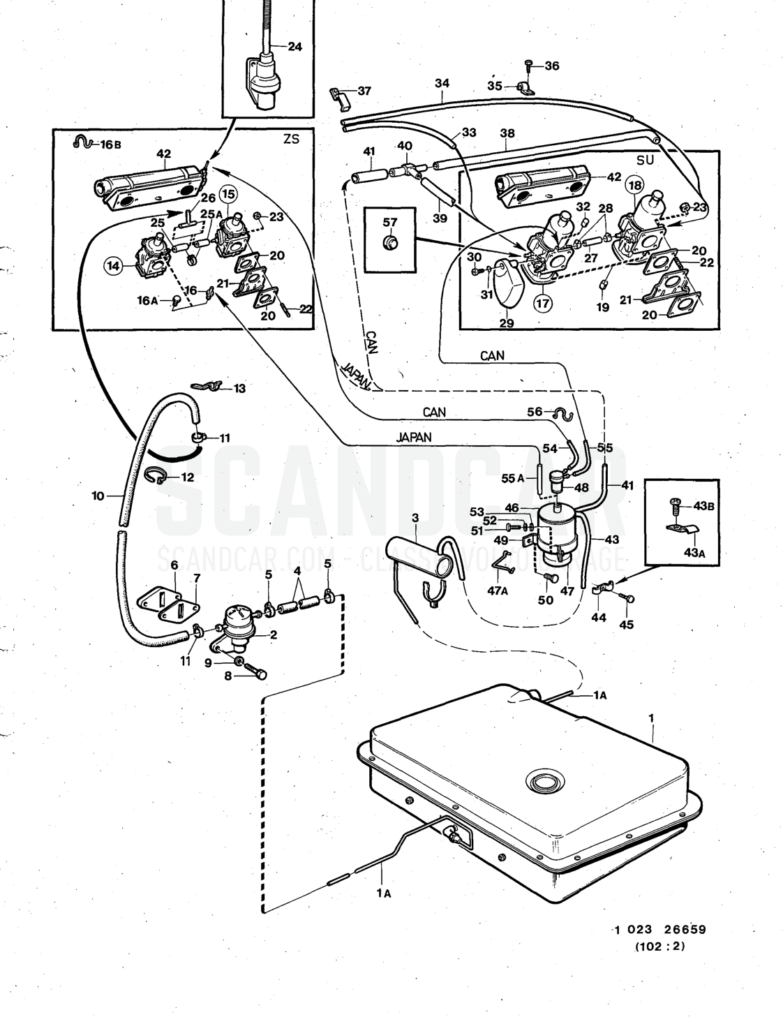 Fuel system engine - despiece, Combustible y escape, Volvo serie 140 desde 1972