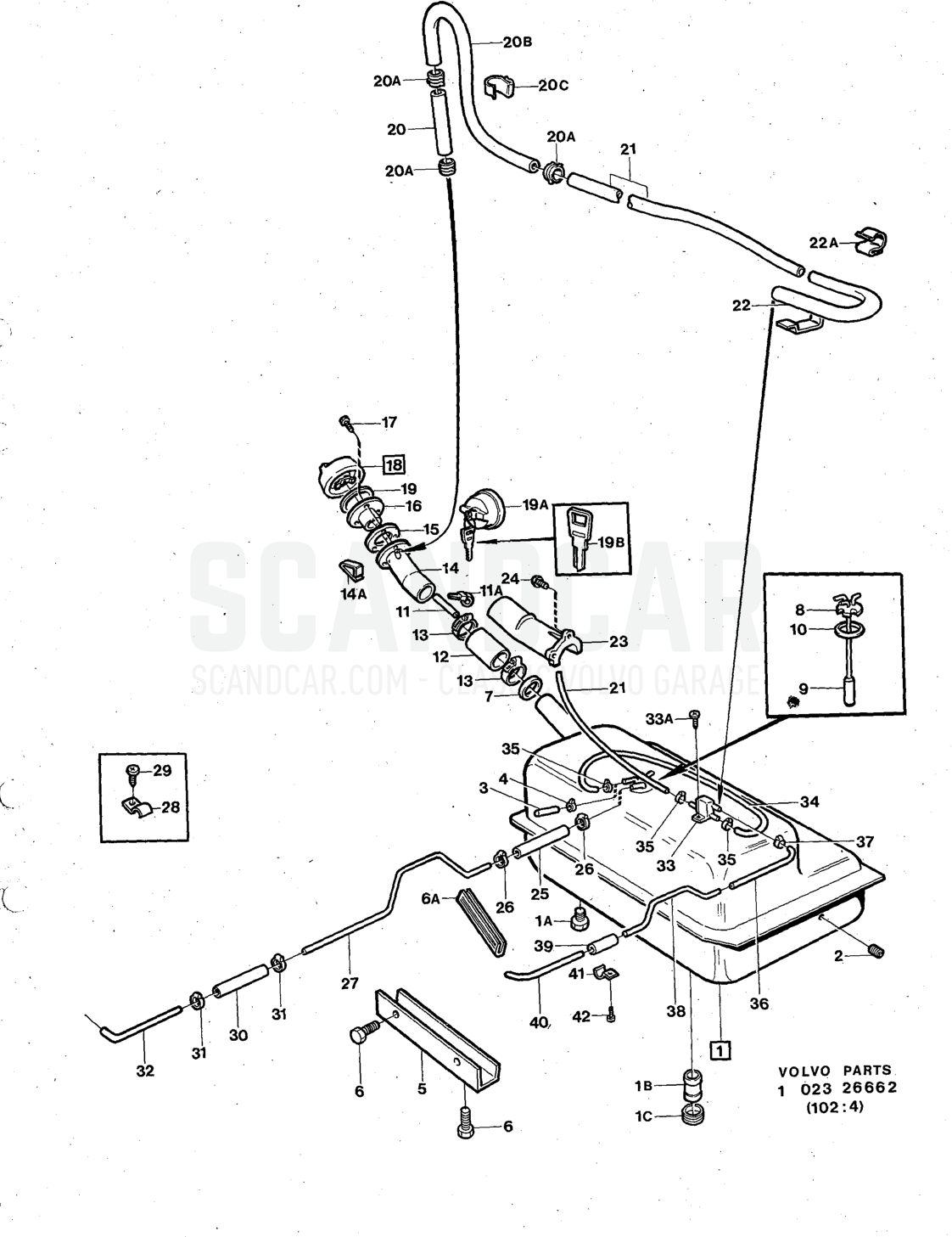 tank with installation components carburetter engine - despiece, Combustible y escape, Volvo serie 140 desde 1972