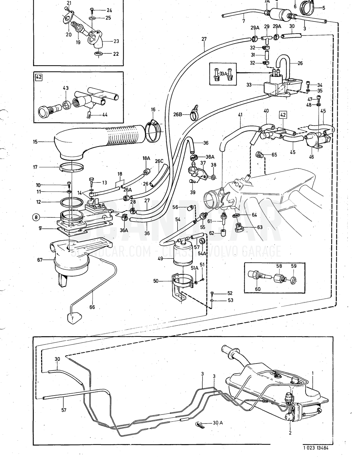 Fuel system injection engine - despiece, Combustible y escape, Volvo serie 140 desde 1972