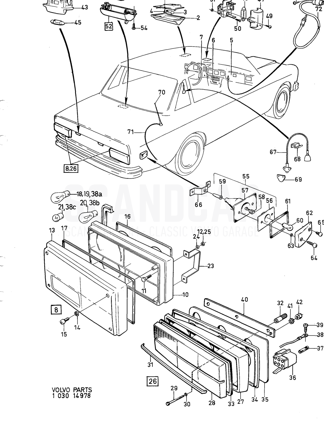 Lighting equipment interior and rear - despiece, Equipo eléctrico, Volvo serie 164 hasta 1975