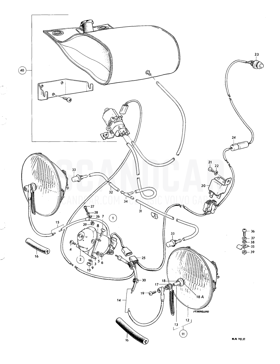 Headlightwiper, washer components early prod. - despiece, Equipo eléctrico, Volvo serie 164 hasta 1975