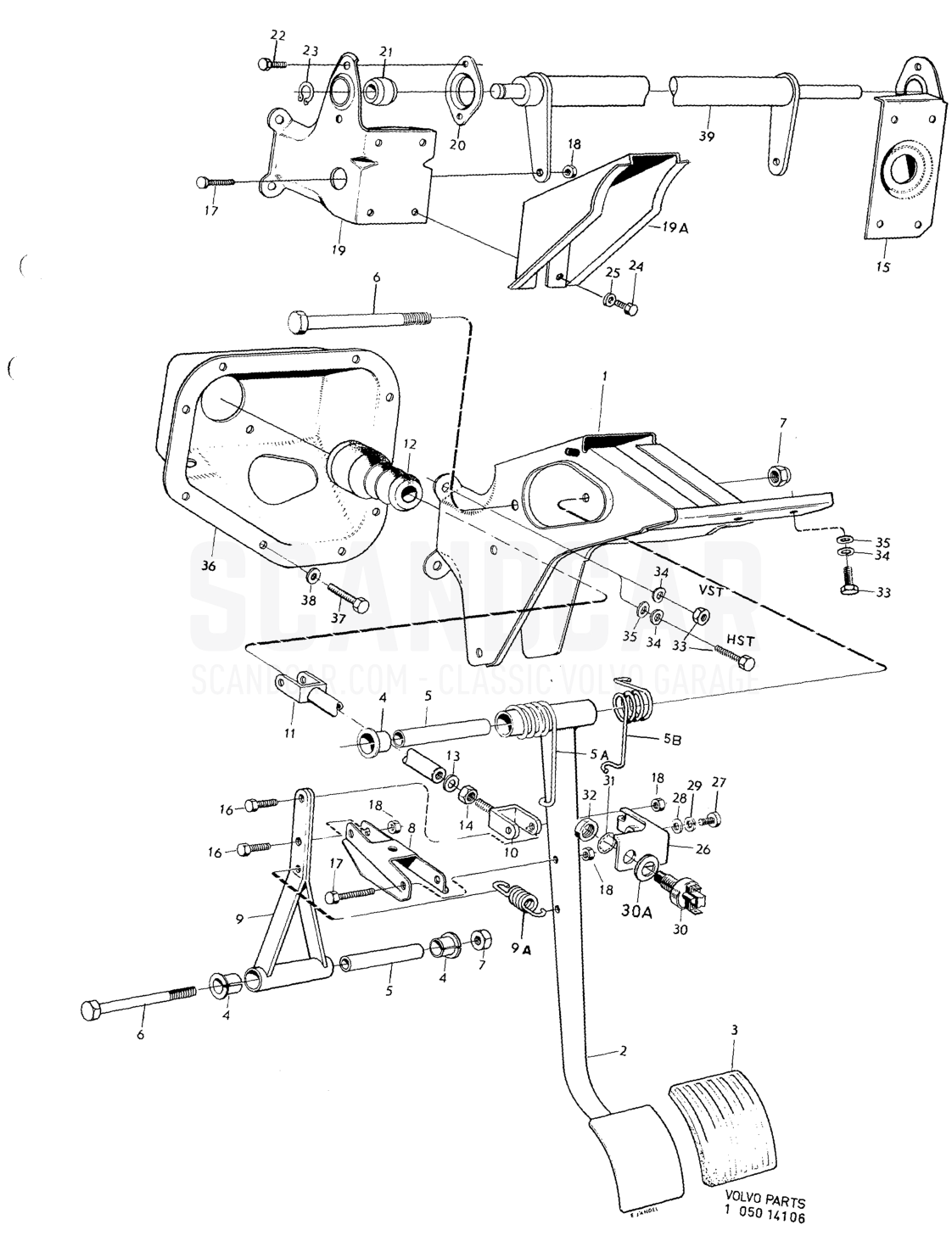 Brake pedal and installation components - despiece, Frenos, Volvo serie 164 hasta 1975