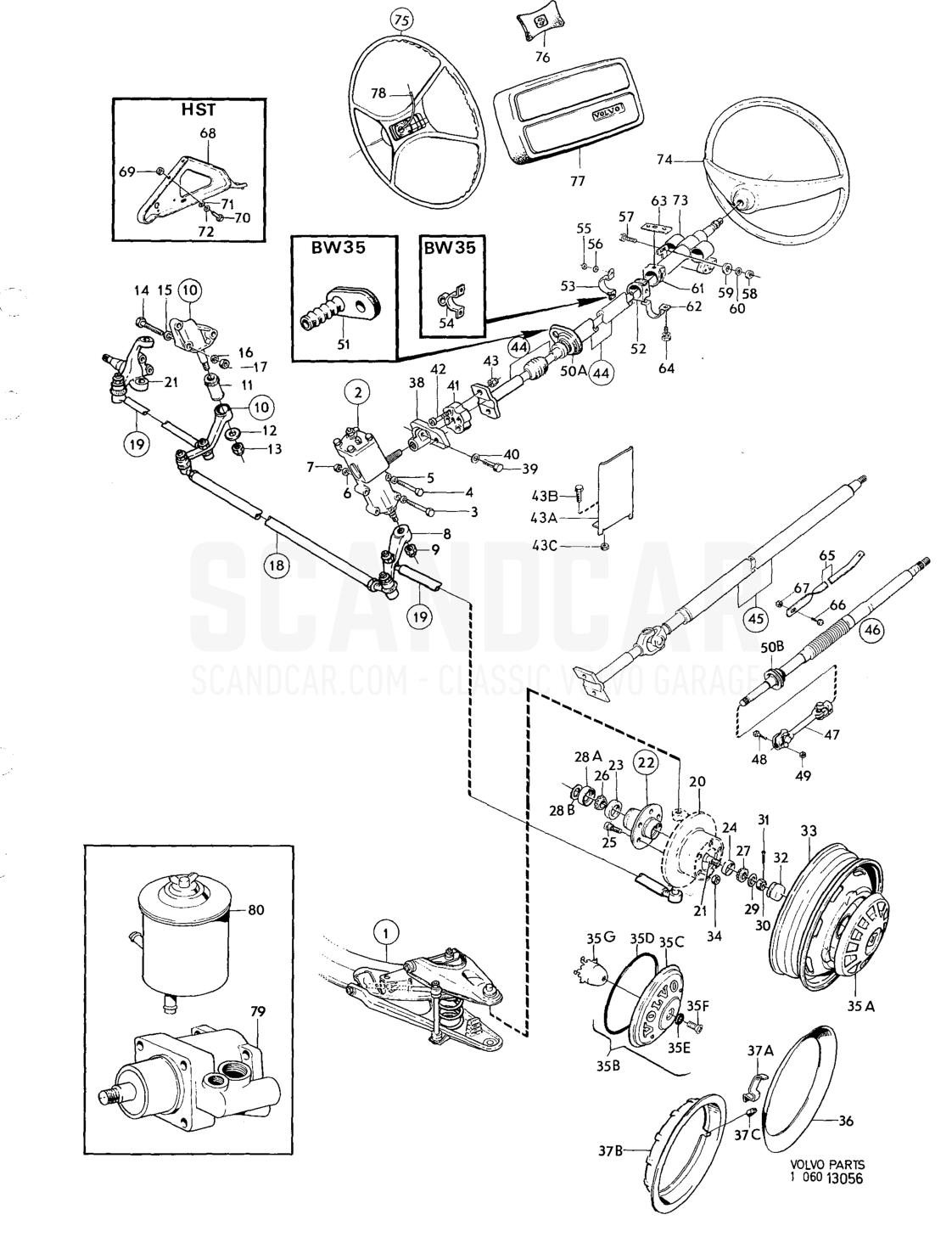 Front axle,steering hubs,wheels Sats - despiece, Eje delantero - Ruedas - Dirección, Volvo serie 164 hasta 1975