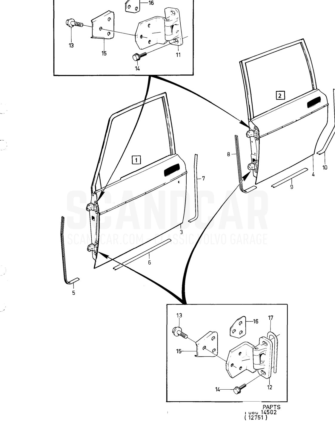Door components, forward doors - despiece, Carrocería, Volvo serie 164 hasta 1975