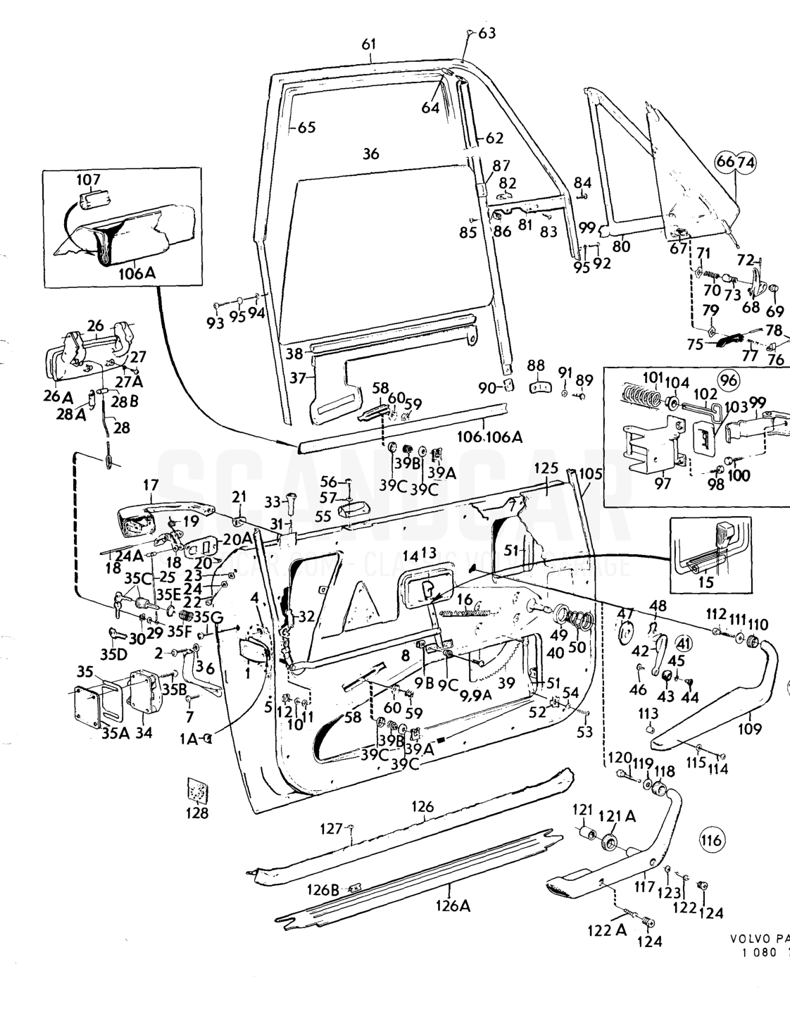 Door components, forward doors - despiece, Carrocería, Volvo serie 164 hasta 1975