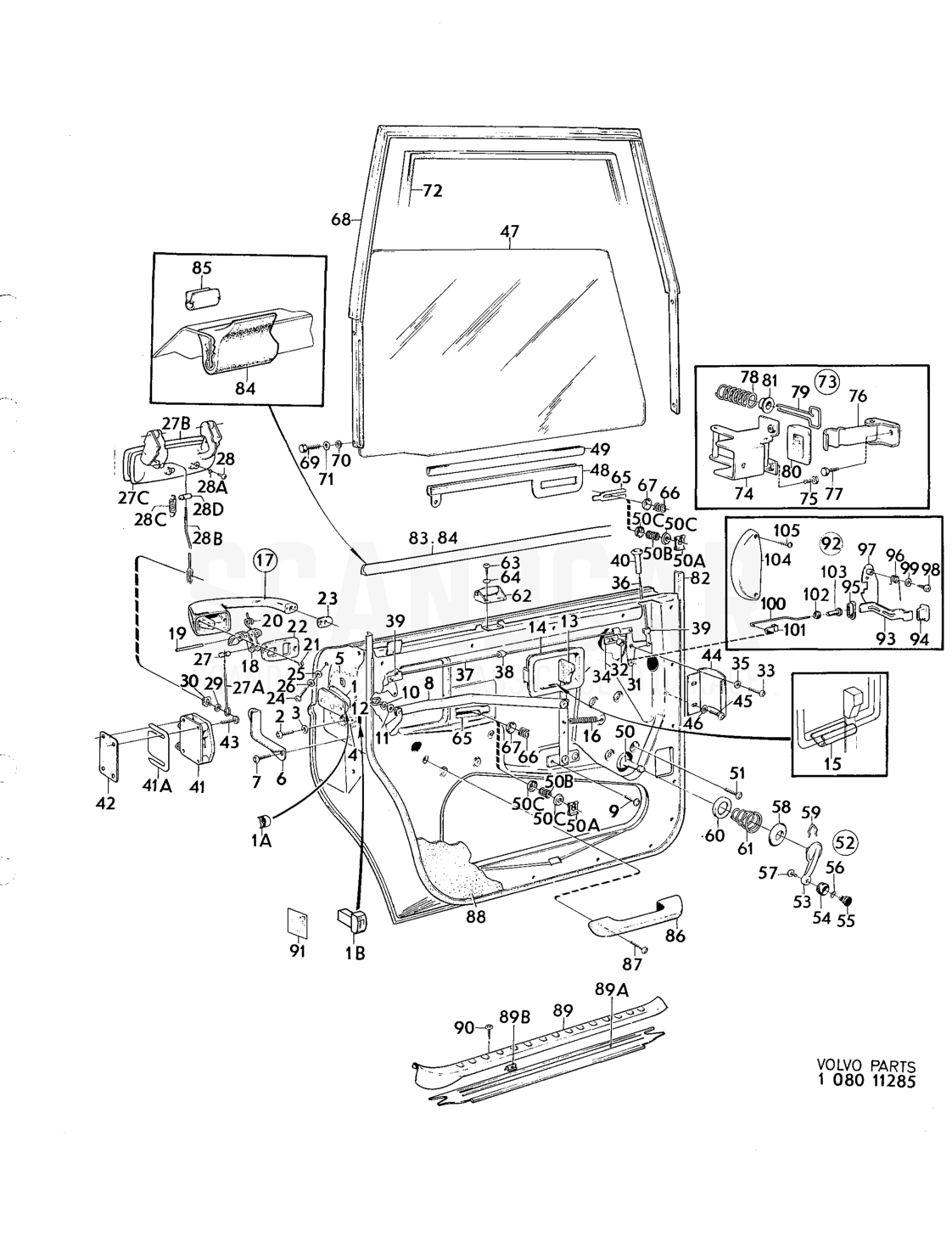Door components, forward doors - despiece, Otras piezas, Volvo serie 164 hasta 1975
