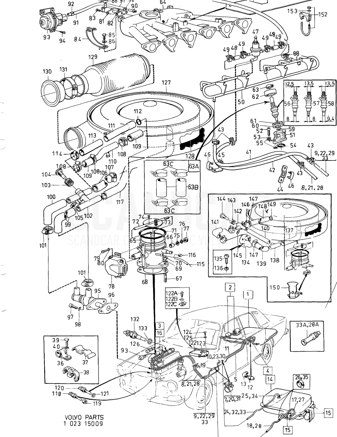 Fuelsystem fuel injection engine - despiece, Combustible y escape, Volvo serie 164 hasta 1975