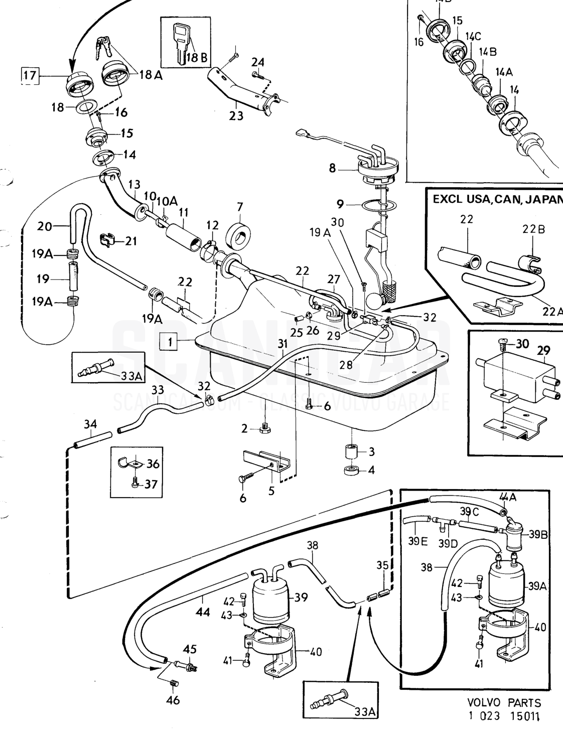 Fuel tank and gas evaporite control system - despiece, Combustible y escape, Volvo serie 164 hasta 1975