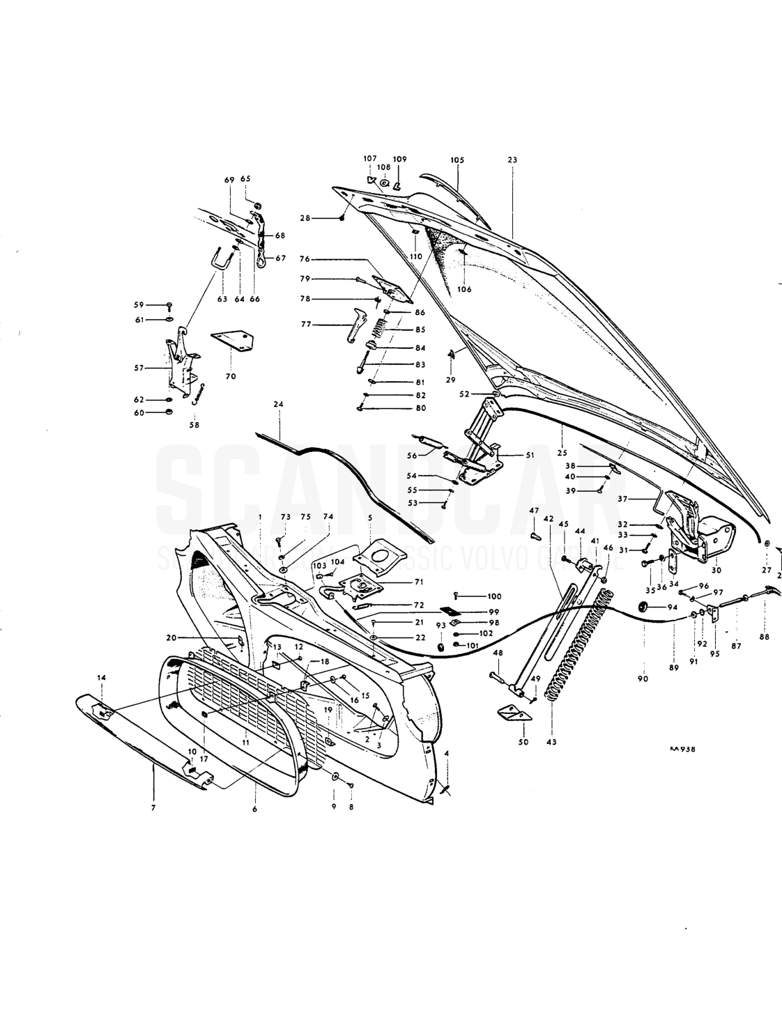 Front end, Hoocl, Hood lock - despiece, Carrocería, Volvo Amazon B16
