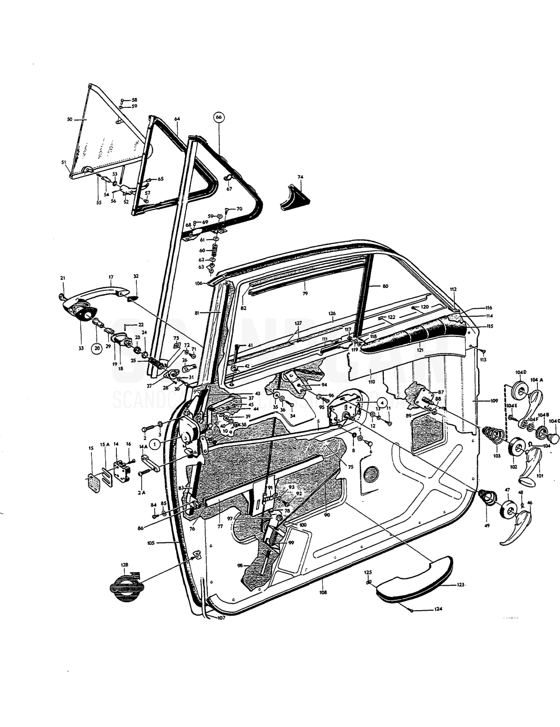 Door components, forward doors - despiece, Carrocería, Volvo Amazon B18