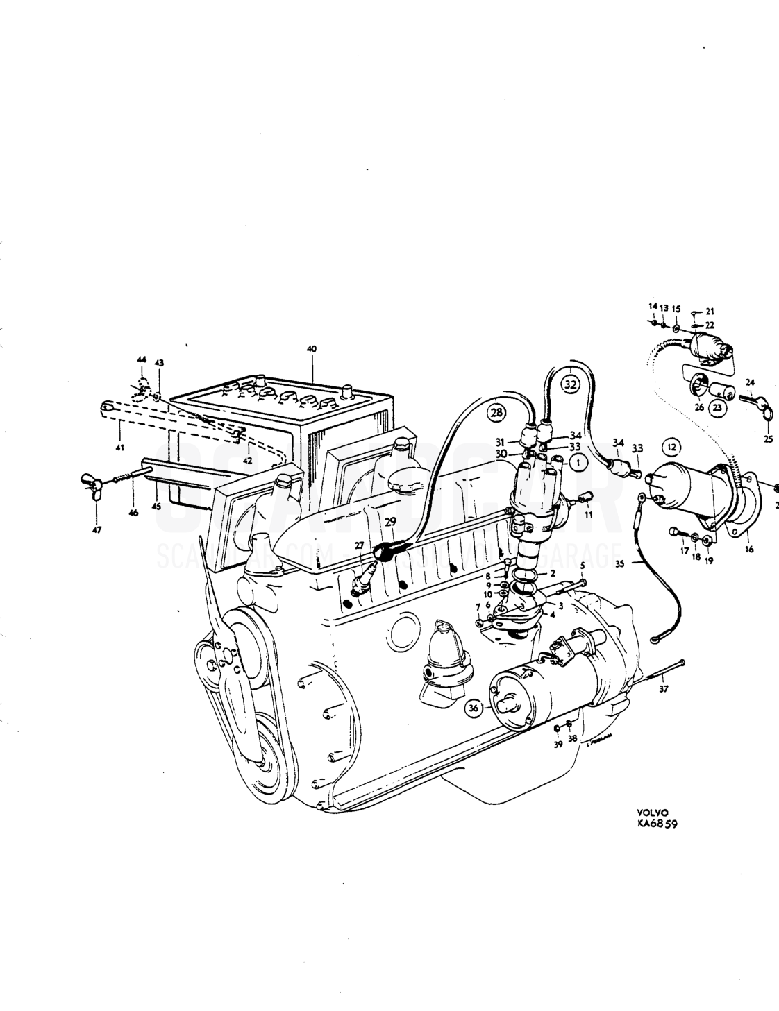ignition coil, sparking plugs, cables, starter motor, battery - despiece, Equipo eléctrico, Volvo P1800 S