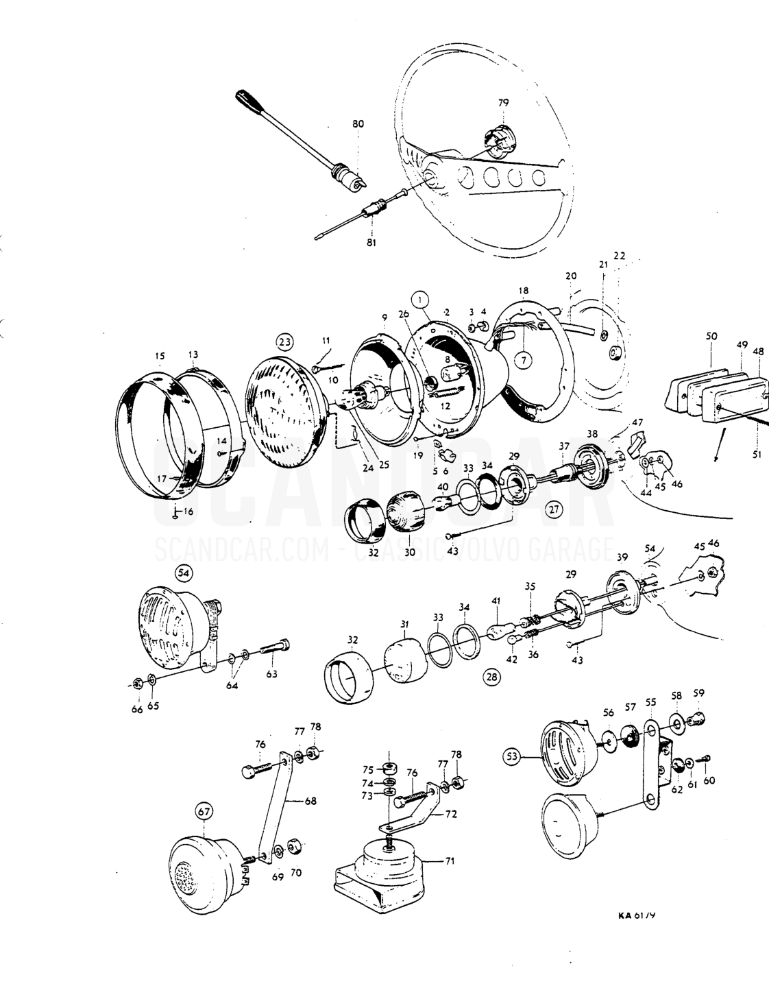 Reservdefkfålg Head lamps, flashers, horn, components - despiece, Equipo eléctrico, Volvo P1800 S