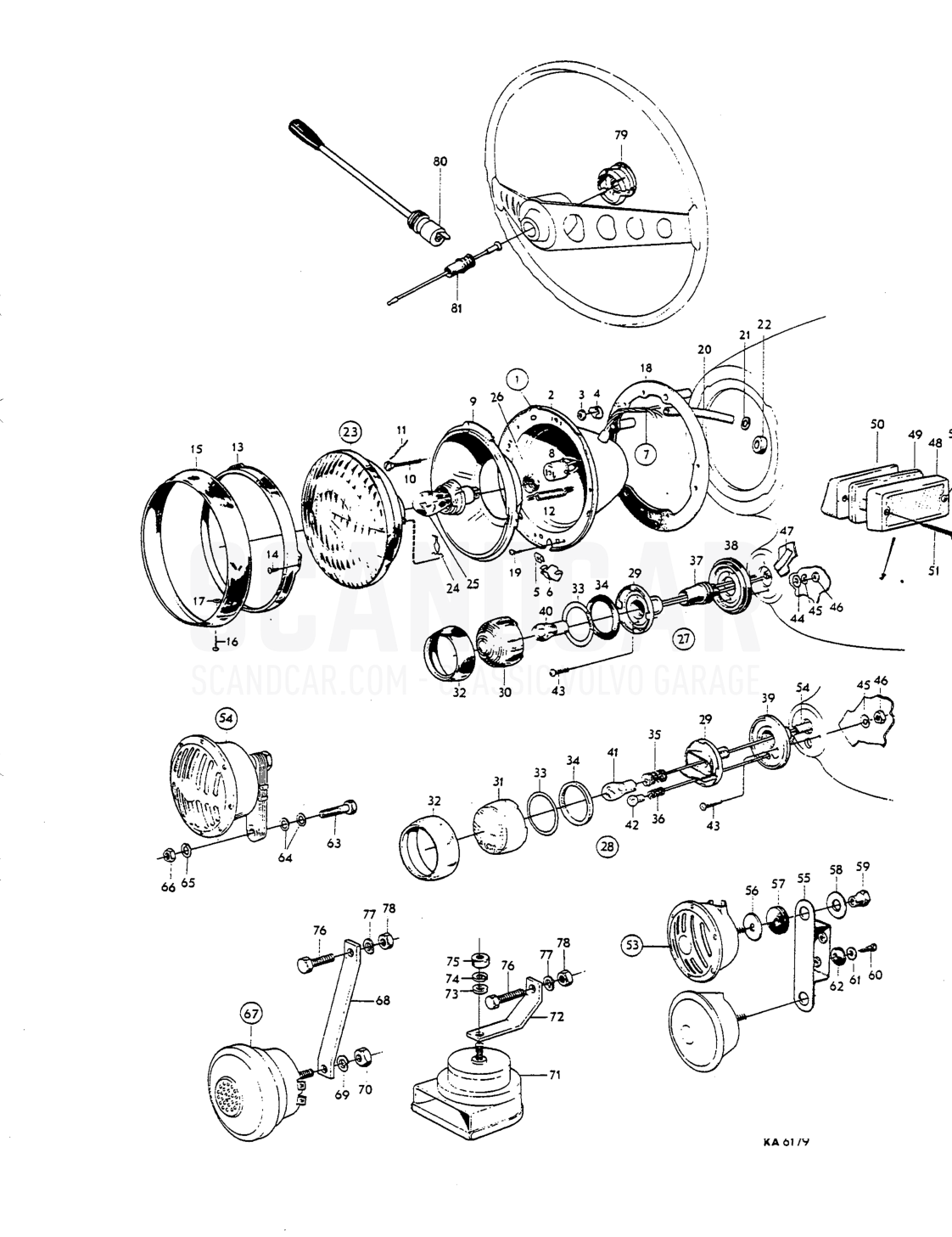 Head lamps, flashers, horn, cornponents Dt - despiece, Equipo eléctrico, Volvo P1800 S
