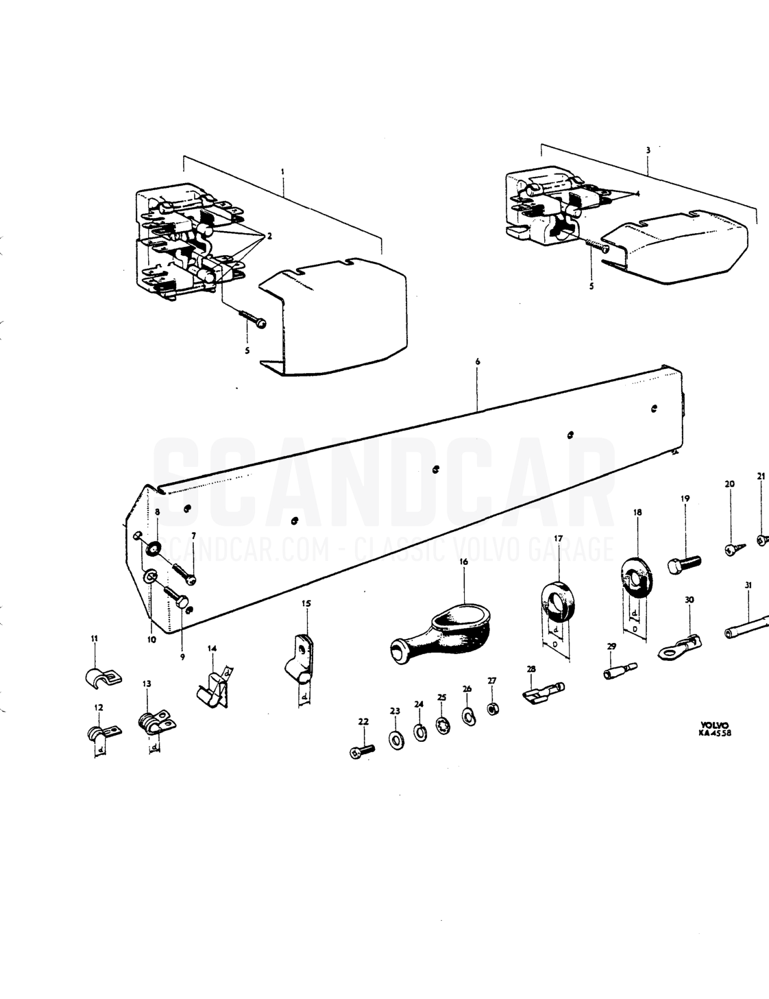 Fuseboxes, lamps, rubber bushings, connecting components - despiece, Equipo eléctrico, Volvo P1800 S