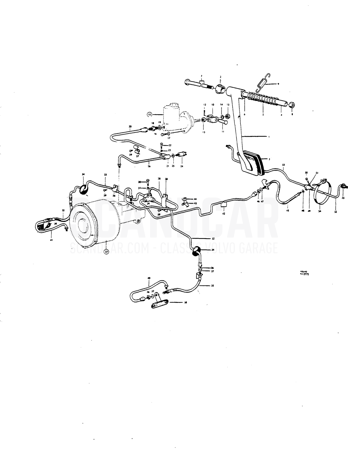 Foot brake r.ontrol linkage Hydrau lie lines single circut - despiece, Frenos, Volvo P1800 S