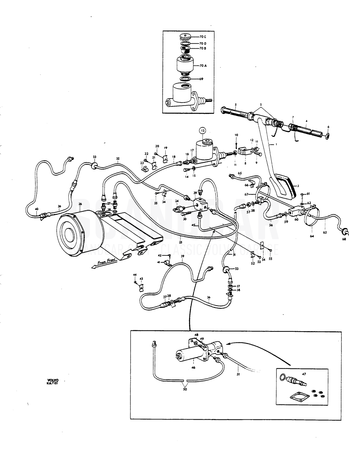 Foot brake control linkage Hydrcu lie lines single circuit - despiece, Frenos, Volvo P1800 S