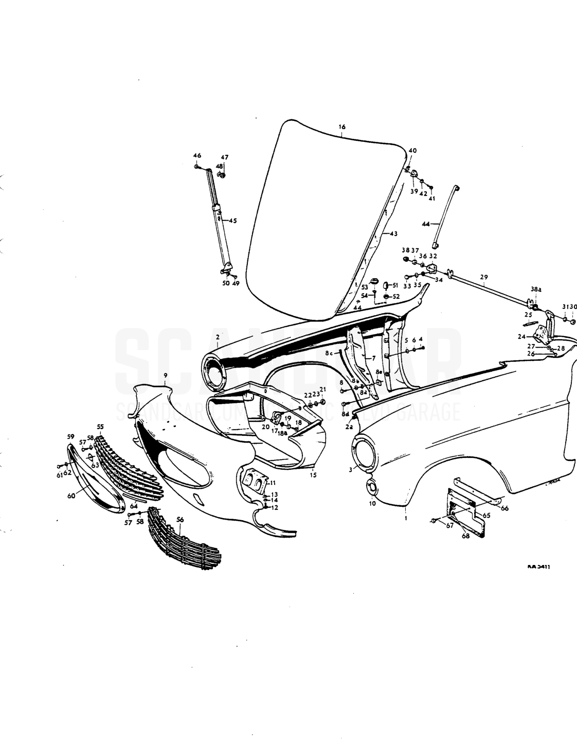 Frcnt mudguards, front end, bannet Noies - despiece, Carrocería, Volvo P1800 S