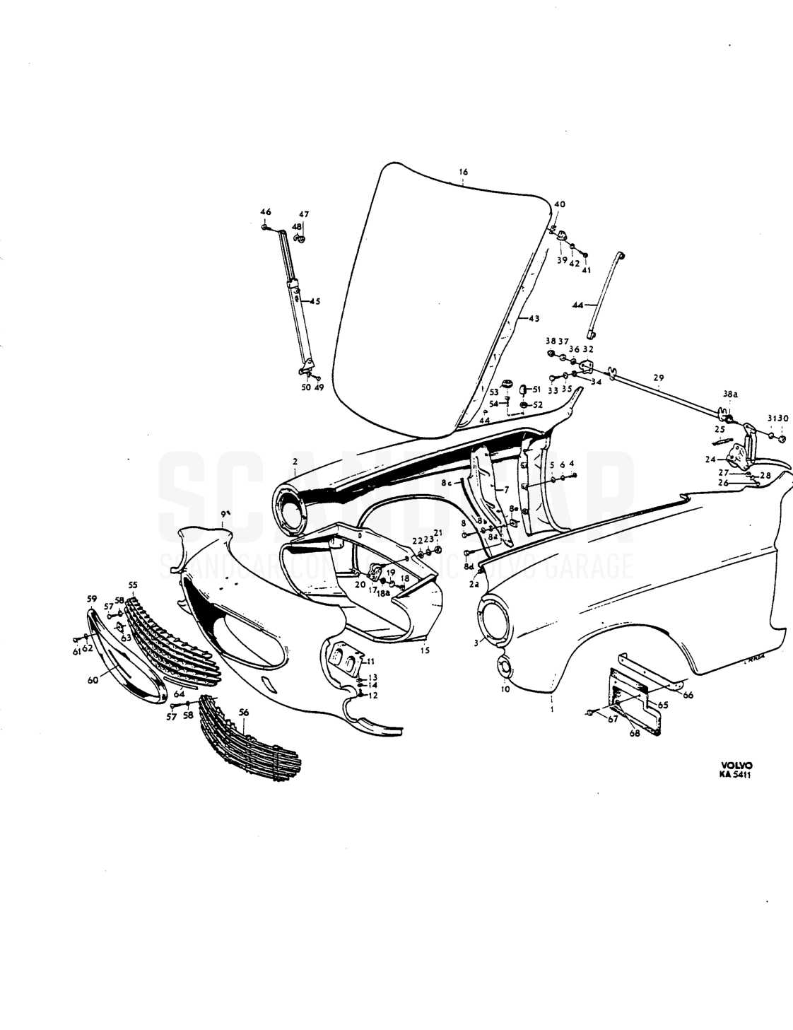 Front mudgards, front end, bonnet - despiece, Carrocería, Volvo P1800 S
