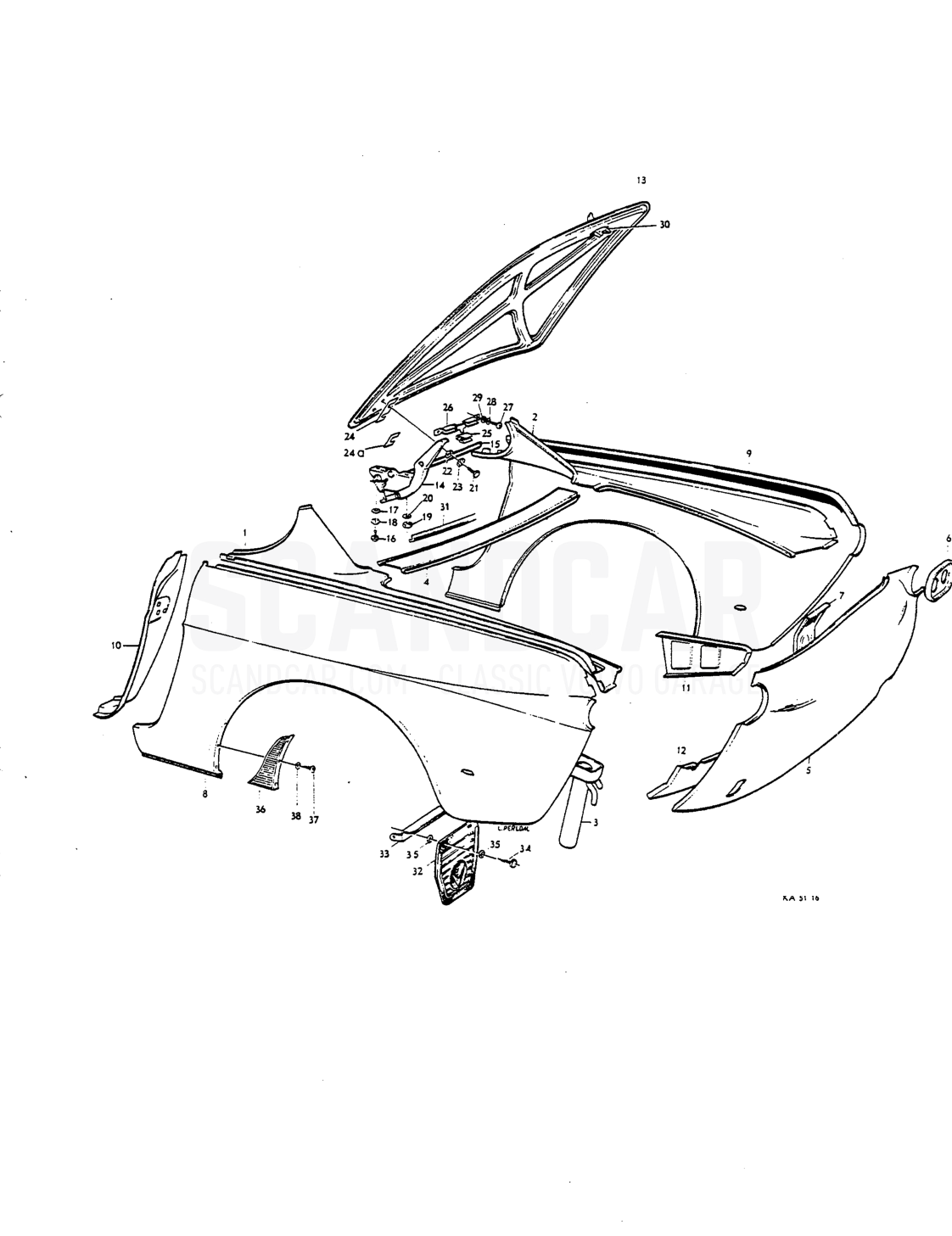Reir end, rear mudguards luggage compartment lid - despiece, Carrocería, Volvo P1800 S