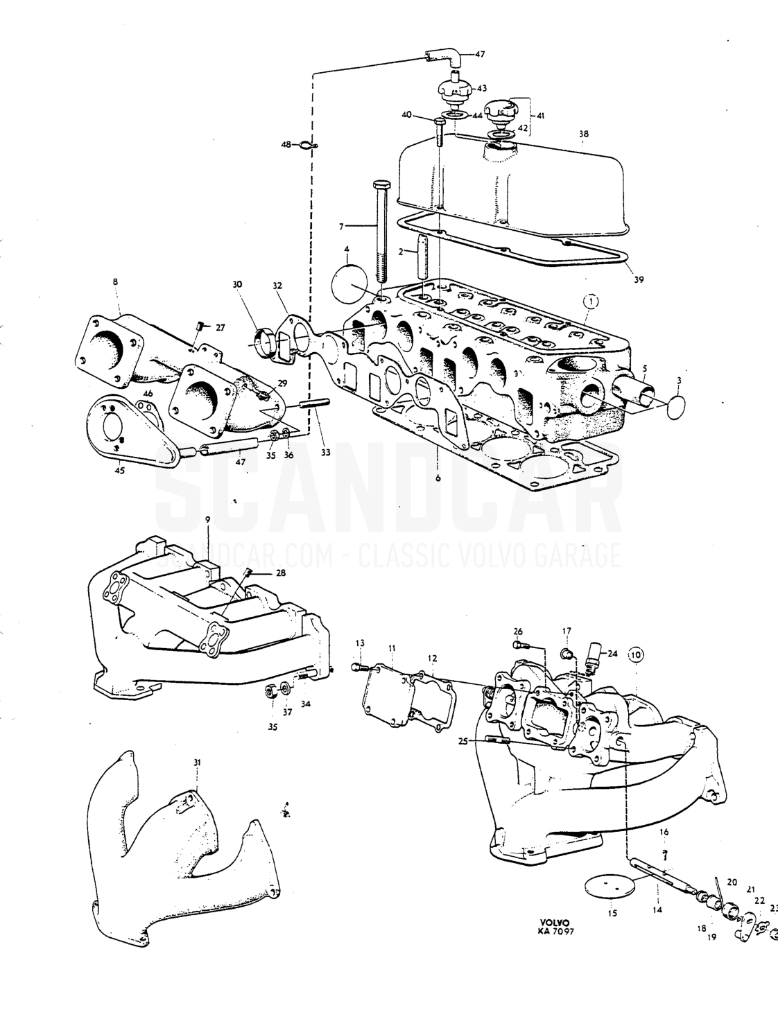 Cylinder head, manifolds, valve cover Anmärltning - despiece, Motor, Volvo P1800 S