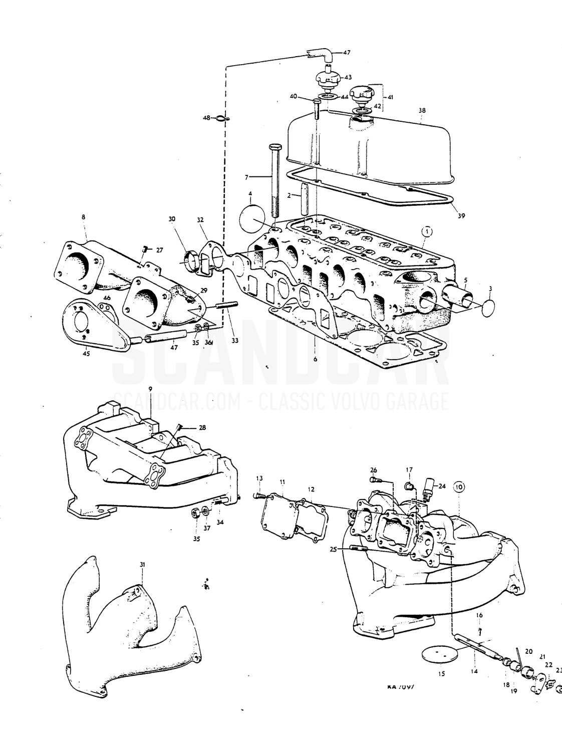 Cylinder head, manifolds valve cover Del - despiece, Motor, Volvo P1800 S