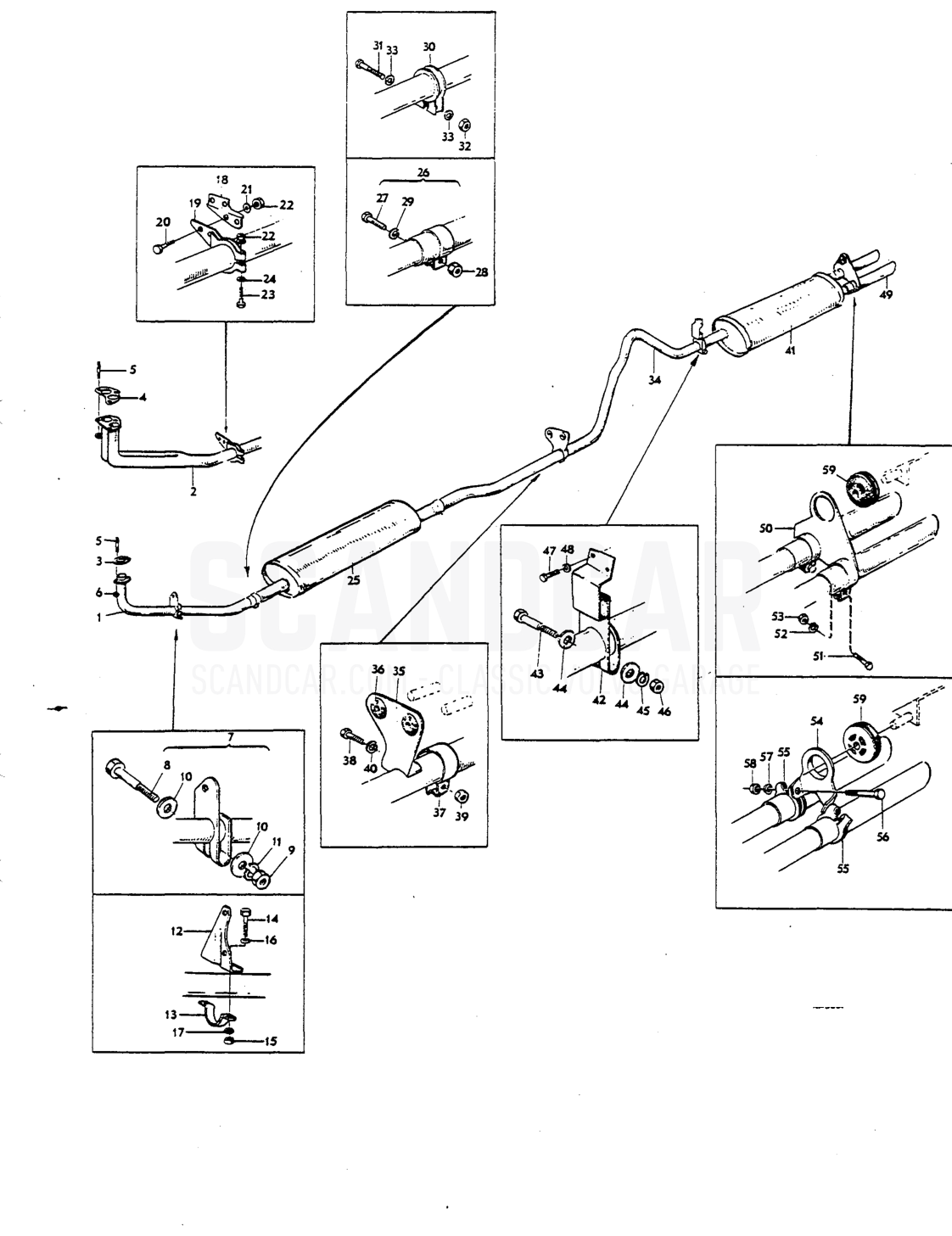 Exhoust system - despiece, Combustible y escape, Volvo P1800 S