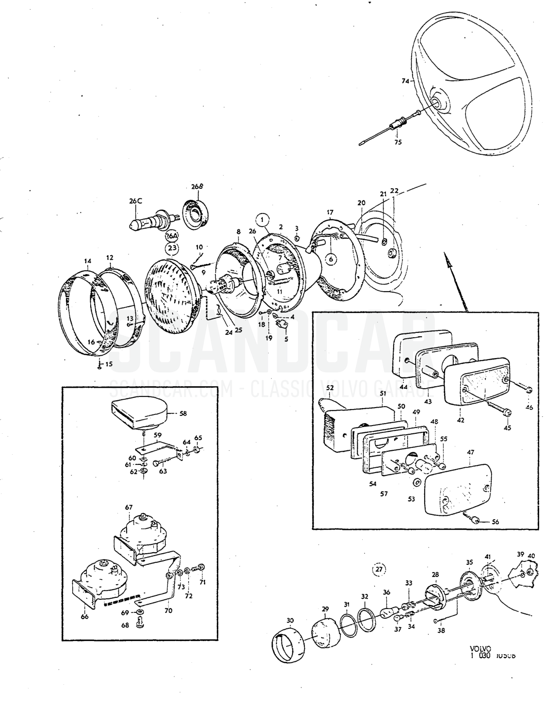 Headlamps, flashers, Illustration horn, horn components Sats lAnmärkning Kit INotes - despiece, Equipo eléctrico, Volvo P1800