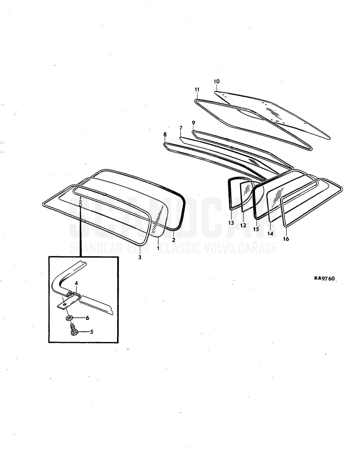 rear window, Illustration quarter windows rear Sats Kit - despiece, Carrocería, Volvo P1800