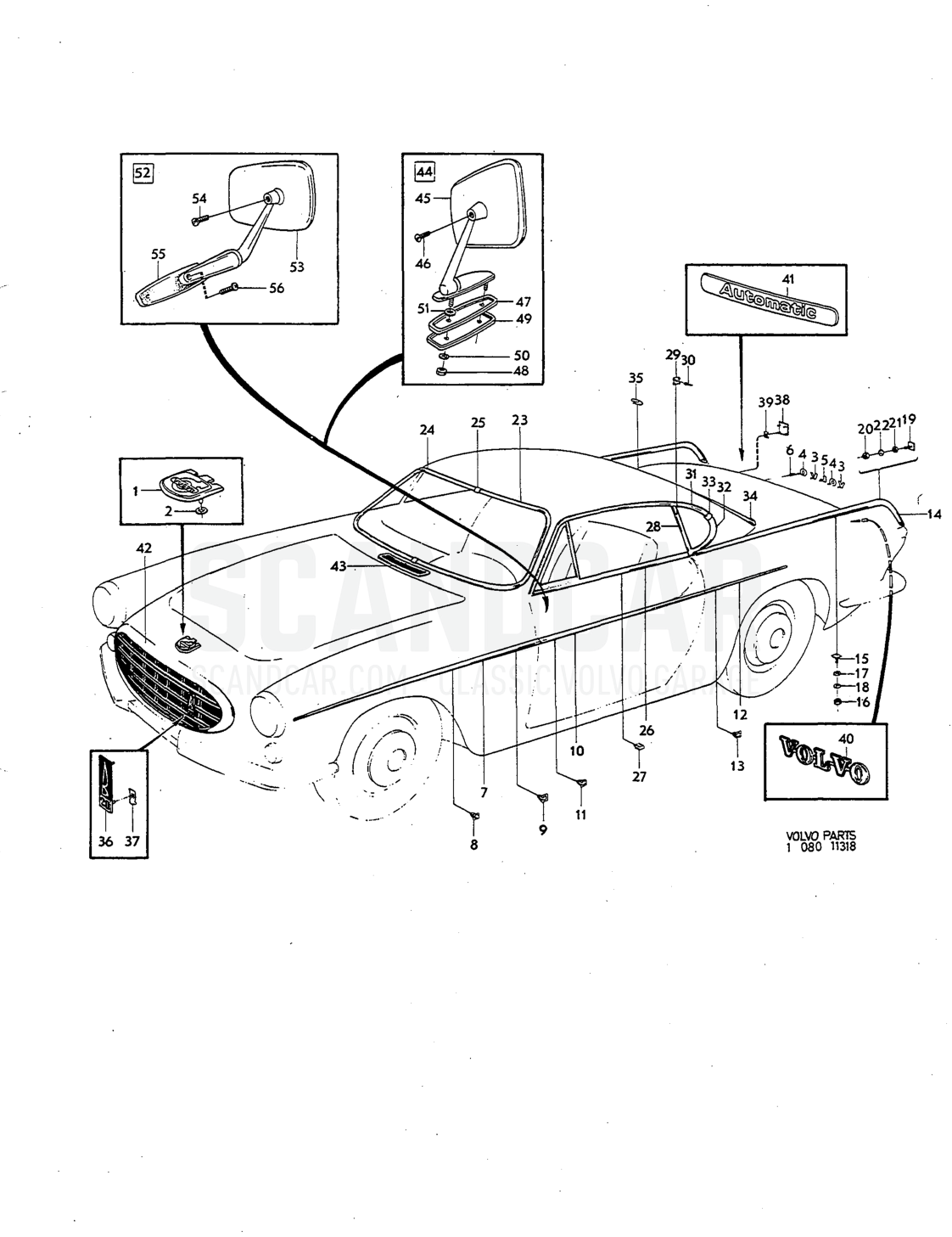 Externa embellishers Illustration rear view mirror, Sats Kit - despiece, Carrocería, Volvo P1800