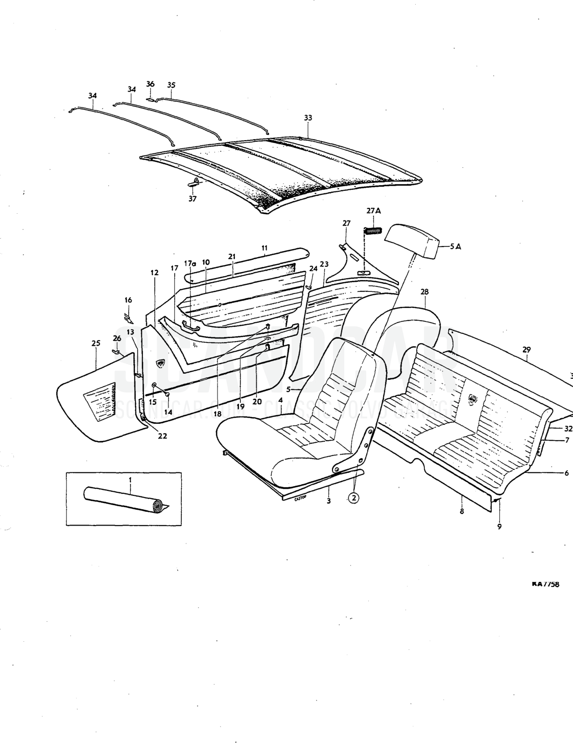 Upholstery Illustration komb Sats Kit - despiece, Carrocería, Volvo P1800