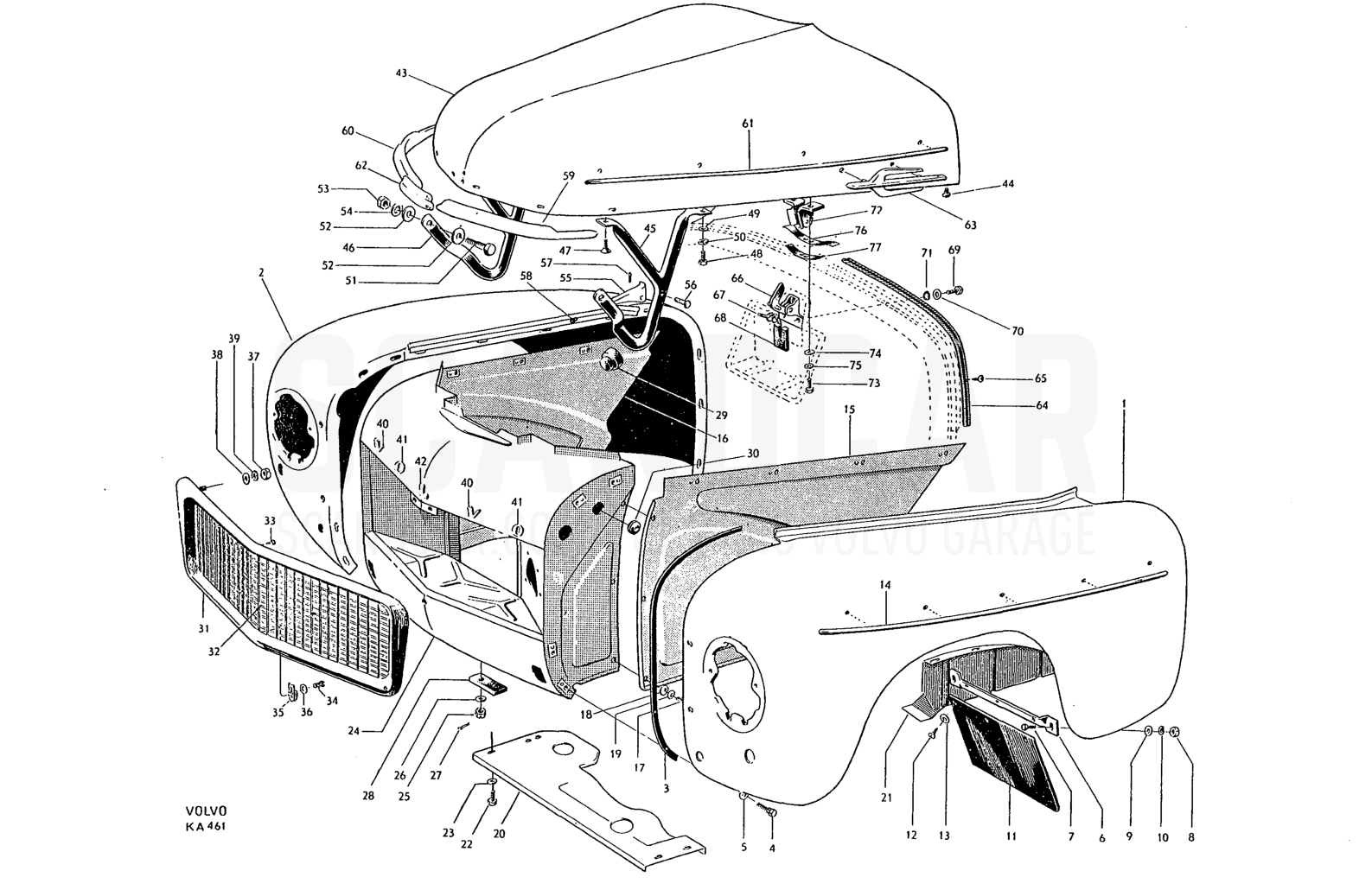 Motorhuv - despiece, Carrocería, Volvo PV544 / P210 B16