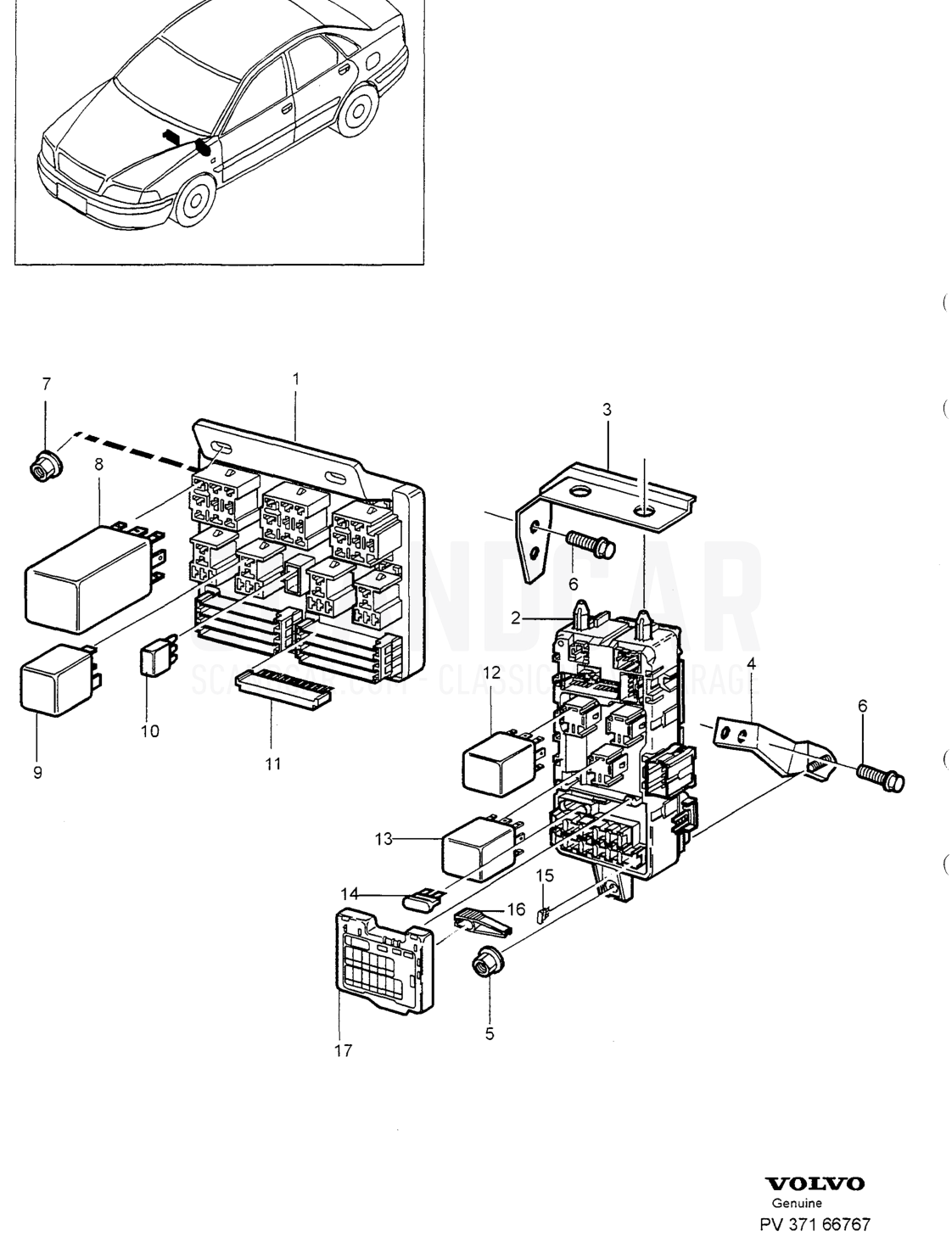 CENTRAL ELECTR. UNIT, FUSEBOX. ENGINE COMPARTMENT - despiece, Equipo eléctrico, Volvo serie S40/V40 desde 1996